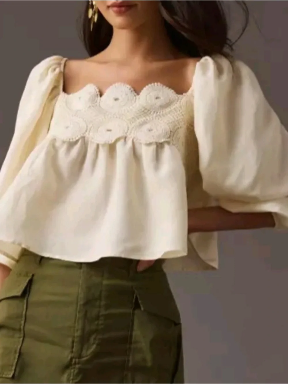 Anthropologie Cream Crochet Yoke Puff Sleeve Top